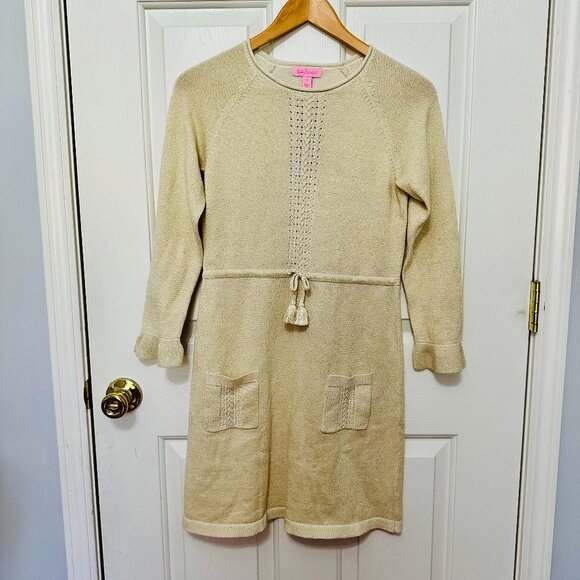 LILLY PULITZER MAGGIE POINTELLE KNIT SWEATER DRESS METALLIC GOLD GIRLS